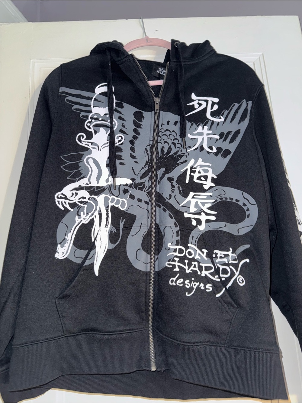 Ed Hardy Black Hoodie with White & Gray Graphic